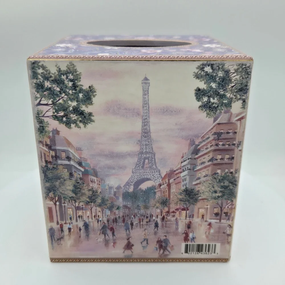 Paris Eiffel Tower Wood Decoupage Tissue Box Cover Square‎ French Floral Purple